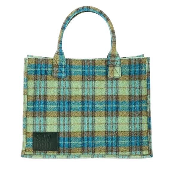 NWT Sandro Kasbah Tartan Tote Bag Green Blue Plaid Virgin Wool Large - Picture 1 of 10